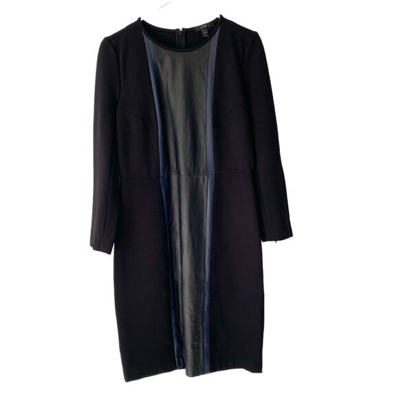 J. Crew Black Leather Panel Navy Blue Stripe Sheath Career Dress size 8 - Picture 1 of 8